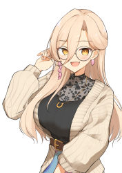 Rule 34 | 1girl, belt, blonde hair, blush, breasts, covered collarbone, earrings, fang, floral print, glasses, hair between eyes, highres, huge breasts, jacket, jewelry, long hair, long sleeves, necklace, nijisanji, nui sociere, nui sociere (4th costume), open mouth, round eyewear, sakikumo (sakumo), simple background, skin fang, solo, sweater, upper body, virtual youtuber, white background, yellow eyes