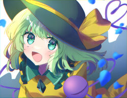 Rule 34 | 1girl, black hat, blush, bow, buttons, collar, colored eyelashes, commentary request, diamond button, falling petals, frilled collar, frills, green eyes, green hair, green sailor collar, hair over shoulder, happy, hat, hat bow, heart, heart of string, highres, komeiji koishi, long sleeves, looking at viewer, medium hair, open mouth, partial commentary, petals, sailor collar, shirt, simple background, smile, solo, third eye, tiranaihana, touhou, white background, yellow bow, yellow shirt
