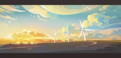 Rule 34 | blue sky, cloud, cloudy sky, commentary request, highres, huanxiang huifeng, letterboxed, no humans, original, outdoors, scenery, sky, sunset, wind turbine, windmill