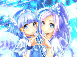 Rule 34 | 10s, 2girls, aoki reika, blue background, blue bow, blue eyes, blue hair, blue theme, bow, brooch, cure beauty, cure diamond, curly hair, dokidoki! precure, hair tubes, hishikawa rikka, jewelry, long hair, looking at viewer, magical girl, matching hair/eyes, multiple girls, ponytail, precure, smile, smile precure!, wristband