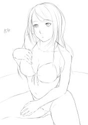 Rule 34 | 1girl, between legs, bikini, breasts, cleavage, greyscale, hand between legs, hand on own chest, highres, large breasts, long hair, looking at viewer, monochrome, niwatazumi, open mouth, original, sitting, sketch, solo, spaghetti strap, spread legs, swimsuit