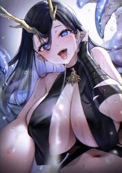 Rule 34 | 1girl, after kiss, antlers, armpit crease, azur lane, bare shoulders, black dress, black hair, blue eyes, blush, breasts, dress, golden hind (azur lane), hair on horn, highres, horns, huge breasts, kai (ootamuno12), looking at viewer, mole, mole under mouth, navel, open mouth, pov, revealing clothes, saliva, saliva trail, solo, stomach, suction cups, teeth, tentacles, tongue, tongue out