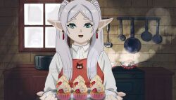 Rule 34 | 1girl, absurdres, apron, cooking, earrings, elf, food, food focus, frieren, green eyes, highres, holding, holding food, holding plate, jewelry, kitchen, long hair, plate, pointy ears, solo, sousou no frieren, sweets, the blackout, twintails, white hair