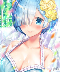 Rule 34 | 1girl, :&gt;, bad id, bad pixiv id, bare shoulders, blue eyes, blue hair, blush, breasts, collarbone, commentary request, face, flower, haiba 09, hair flower, hair ornament, hair over one eye, highres, large breasts, looking at viewer, one eye covered, re:zero kara hajimeru isekai seikatsu, rem (re:zero), short hair, signature, solo, swimsuit, x hair ornament, yellow flower