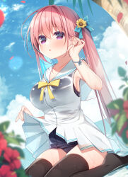 Rule 34 | 1girl, black one-piece swimsuit, black thighhighs, blue bow, blue sky, blurry, blurry foreground, blush, bow, breasts, cloud, commentary request, day, depth of field, dress, flower, hair between eyes, hair bow, hair flower, hair ornament, hanamiya natsuka, hand up, horizon, long hair, looking at viewer, medium breasts, ocean, old school swimsuit, one-piece swimsuit, original, outdoors, palm tree, parted lips, petals, pink hair, purple eyes, red flower, sailor collar, sailor dress, school swimsuit, see-through, sitting, sky, sleeveless, sleeveless dress, solo, sunflower, sunflower hair ornament, swimsuit, swimsuit under clothes, thighhighs, tree, twintails, very long hair, wariza, water, white dress, white sailor collar, yellow bow, yellow flower