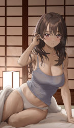 Rule 34 | 1girl, adjusting hair, bed sheet, blanket, blush, breasts, breath, brown eyes, brown hair, camisole, cleavage, collarbone, commentary request, grey camisole, hand in own hair, hand up, highres, lantern, large breasts, leaning to the side, long hair, looking at viewer, no pants, original, panties, parted lips, sitting, solo, sweat, taniguchi daisuke (surumenium), thighs, underwear, white panties