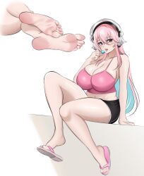 Rule 34 | 1girl, absurdres, aqua hair, azmi yudista, barefoot, black shorts, breasts, candy, cleavage, commission, curvy, feet, food, foot focus, headphones, highres, huge breasts, lollipop, long hair, looking at viewer, multicolored hair, nitroplus, open mouth, pink eyes, pink hair, sandals, shorts, sitting, soles, super sonico, tank top, thighs, tongue, tongue out