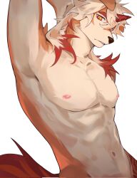 Rule 34 | 1boy, abs, arknights, arm behind head, armpits, axianorange, bara, colored tips, completely nude, furry, furry male, highres, horns, hung (arknights), komainu boy, komainu ears, komainu tail, looking at viewer, male focus, multicolored hair, nude, orange eyes, out-of-frame censoring, pectorals, presenting armpit, single horn, toned, toned male, upper body, white background