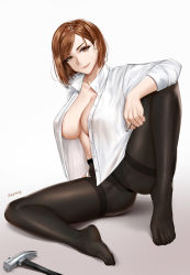 Rule 34 | 1girl, arm on knee, arm rest, artist name, between fingers, black pantyhose, breasts, brown eyes, brown hair, closed mouth, easonx, feet, hammer, highres, holding, holding nail, jujutsu kaisen, kugisaki nobara, large breasts, nail, no pants, no shoes, open clothes, open shirt, pantyhose, shirt, short hair, sideboob, solo, thighband pantyhose, thighs, toes, white shirt