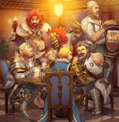 Rule 34 | 6+boys, alcohol, apron, armor, artist request, beard, bears, beer, black hair, blonde hair, dare ga tame no alchemist, dreadlocks, facial hair, food, glasses, gloves, goatee, hat, jewelry, long hair, male focus, multicolored hair, multiple boys, muscular, mustache, open mouth, red hair, ring, short hair, smile, source request, two-tone hair, white hair, wine, witch hat, wizard