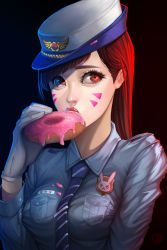 Rule 34 | 1girl, alternate costume, animal print, backlighting, black background, blue shirt, breast pocket, breasts, breasts squeezed together, brown eyes, brown hair, character name, collared shirt, d.va (overwatch), doughnut, eating, eyelashes, facepaint, facial mark, female service cap, food, food on clothes, gloves, highres, jellyemily, korean text, lips, long hair, long sleeves, looking at viewer, medium breasts, name tag, necktie, nose, officer d.va, overwatch, overwatch 1, pocket, police, police uniform, policewoman, rabbit print, shirt, simple background, solo, sprinkles, striped, striped necktie, tie clip, uniform, upper body, whisker markings, white gloves