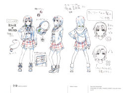 Rule 34 | 1girl, absurdres, asymmetrical bangs, boots, character name, character sheet, color trace, copyright name, from side, full body, headphones, headphones around neck, highres, hood, hoodie, idolmaster, idolmaster cinderella girls, multiple views, official art, partially colored, plaid, plaid skirt, production art, scan, short hair, simple background, skirt, tada riina, turnaround, white background, zip available
