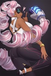 Rule 34 | 1girl, arms (game), ass, back, black pants, blue eyes, boxing gloves, bracelet, breasts, dark-skinned female, dark skin, drill hair, earrings, heart, high heels, highres, iwbitu, jewelry, large breasts, lipstick, looking at viewer, makeup, pants, parted lips, pink hair, red lips, solo, twintails, twintelle (arms)