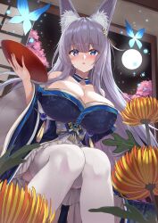 Rule 34 | 1girl, absurdres, animal ear fluff, animal ears, azur lane, bare shoulders, blue butterfly, blue eyes, blush, breasts, bug, butterfly, cleavage, flower, fox ears, fox girl, from below, full moon, gold trim, grey hair, highres, huge breasts, insect, knees together feet apart, long hair, looking at viewer, miniskirt, moon, night, night sky, orange flower, pleated skirt, shinano (azur lane), sitting, skirt, sky, solo, thighhighs, very long hair, white skirt, white thighhighs, wrist flower, yanazawa ko