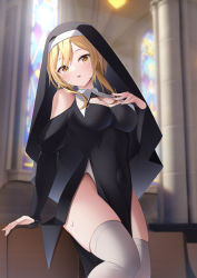 Rule 34 | 1girl, absurdres, alternate costume, arm support, bare shoulders, black headwear, blonde hair, blush, breasts, church, cleavage, cleavage cutout, clothing cutout, covered navel, ekidona, genshin impact, habit, hand up, highres, indoors, large breasts, long sleeves, looking at viewer, lumine (genshin impact), nun, parted lips, pelvic curtain, short hair with long locks, sidelocks, solo, standing, sweatdrop, thighhighs, thighs, white thighhighs, yellow eyes