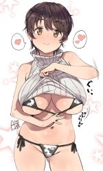 Rule 34 | 1girl, animal print, bare arms, bare shoulders, bikini, bikini under clothes, blush, breasts, brown eyes, brown hair, cleavage, closed mouth, clothes lift, commentary request, contrapposto, cow print, cowboy shot, dot nose, heart, idolmaster, idolmaster cinderella girls, large breasts, lifted by self, lowleg, lowleg bikini, navel, oikawa shizuku, plump, print bikini, raised eyebrows, ribbed sweater, rkrk, sagging breasts, short hair, side-tie bikini bottom, smile, solo, speech bubble, spoken heart, standing, star (symbol), stomach, sweater, sweater lift, swimsuit, turtleneck, turtleneck sweater, underboob, very short hair