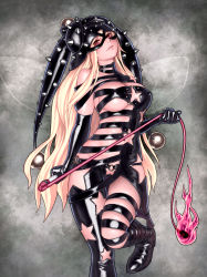 Rule 34 | 1girl, aged up, alternate costume, bare shoulders, black footwear, black gloves, blonde hair, bondage outfit, boots, breasts, closed mouth, clownpiece, commentary request, dominatrix, elbow gloves, envenomist (gengoroumaru), fairy wings, gloves, grey background, hat, highres, holding, jester cap, large breasts, latex, lips, long hair, red eyes, revealing clothes, shiny clothes, solo, star cutout, stripe cutout, touhou, transparent wings, twitter username, whip, wings