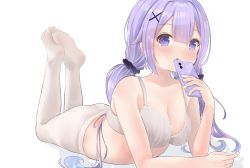 Rule 34 | 1girl, :o, azur lane, blush, bra, breasts, cellphone, commentary request, hair ornament, hair scrunchie, highres, long hair, looking at viewer, low twintails, lying, medium breasts, mukaino kei, no shoes, on stomach, pantyhose, phone, purple eyes, purple hair, scrunchie, simple background, solo, twintails, underwear, unicorn (azur lane), white background, white bra, white pantyhose, x hair ornament