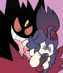 Rule 34 | 1boy, 1girl, @ @, ahoge, bent over, breasts, colored sclera, creatures (company), erection, fellatio, game freak, gen 1 pokemon, gengar, hairband, hand on head, hetero, hex maniac (pokemon), highres, inverted nipples, large breasts, long hair, long tongue, looking down, matching hair/eyes, mega gengar, mega pokemon, miscon, nintendo, nipples, npc trainer, nude, open mouth, oral, penis, pink background, pokemon, pokemon (creature), pokemon xy, purple eyes, purple hair, purple hairband, red eyes, red sclera, saliva, silhouette, simple background, smile, teeth, testicles, tongue, tongue out, uncensored