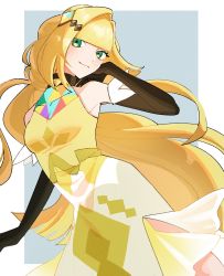 Rule 34 | 1girl, bare shoulders, blonde hair, breasts, brown gloves, choker, closed mouth, commentary request, creatures (company), dress, elbow gloves, eyelashes, game freak, gloves, green eyes, hair ornament, hand up, highres, long hair, lusamine (pokemon), lusamine (sygna suit) (pokemon), nintendo, official alternate costume, osg pk, pokemon, pokemon masters ex, smile, solo, yellow dress