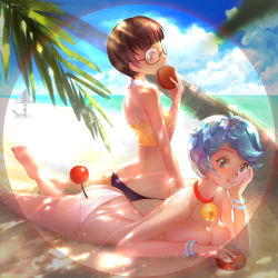 Rule 34 | 2girls, :q, adapted costume, ass, barefoot, beach, bell, neck bell, bikini, bikini bottom only, blue hair, breast press, breast rest, breasts, brown eyes, brown hair, butt crack, collar, dappled sunlight, day, detached collar, doraemon, doraemon (character), from behind, genderswap, genderswap (mtf), glasses, highres, large breasts, lying, midriff, multiple girls, nobi nobita, on stomach, orry, short hair, sunlight, swimsuit, tail, tongue, tongue out, topfreedom, topless