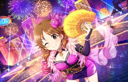 Rule 34 | ball, breasts, brown eyes, brown hair, building, cleavage, corset, dress, fur trim, game cg, hand fan, idolmaster, idolmaster cinderella girls, idolmaster cinderella girls starlight stage, katagiri sanae, low twintails, nail polish, official art, purple dress, smile, twintails