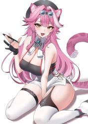 1girl absurdres animal_ear_fluff animal_ears beret breasts cat_ears cat_girl cat_tail cleavage commentary curvy goggles hat highres hololive hololive_english large_breasts long_hair looking_at_viewer mintz912 multicolored_hair open_mouth pink_hair raora_panthera smile solo streaked_hair tail thick_thighs thighs virtual_youtuber white_unitard yellow_eyes