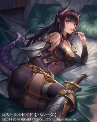 Rule 34 | 1girl, armor, ass, bed, bikini armor, black hair, blue eyes, breasts, candy, copyright name, cuboon, dragon tail, food, horns, large breasts, lollipop, long hair, lost crusade, official art, pointy ears, solo, sword, tail, weapon