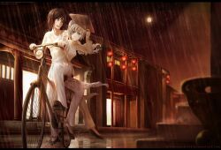 Rule 34 | architecture, bicycle, black hair, commentary, dishwasher1910, east asian architecture, english commentary, green eyes, hat, highres, holding, holding clothes, holding hat, lantern, night, rain, rice hat, riding, riding bicycle, ruby rose, rwby, vietnam, vietnamese dress, weiss schnee, wet, wet clothes, white hair
