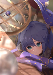 Rule 34 | 1girl, :|, bad id, bad pixiv id, blue eyes, blue hair, blurry, blurry background, closed mouth, commentary, dark blue hair, day, depth of field, desk, elbow gloves, genshin impact, gloves, hair between eyes, hat, indoors, light purple hair, looking at viewer, mona (genshin impact), sitting, solo, sunlight, swept bangs, tokutokenzen, witch hat