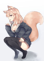 Rule 34 | 1girl, animal ears, bad id, bad pixiv id, black thighhighs, blonde hair, breasts, cleavage, dress, fang, fox ears, fox girl, fox tail, from side, full body, fur trim, highres, knees together feet apart, long hair, looking at viewer, parted lips, piuta, profile, purple eyes, simple background, sleeves past wrists, small breasts, smile, solo, squatting, sweater, sweater dress, swept bangs, tail, thighhighs, thighs, white background, zettai ryouiki