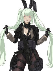 Rule 34 | 1girl, ammunition belt, ammunition pouch, black gloves, breasts, cleavage, cowboy shot, girls&#039; frontline, gloves, green eyes, green hair, gun, highres, holding own hair, leotard, long hair, looking at viewer, medium breasts, micro uzi (girls&#039; frontline), mutugorou u, open mouth, pantyhose, playboy bunny, pouch, sidelocks, solo, submachine gun, tactical playboy bunny, thigh strap, twintails, uzi, very long hair, weapon