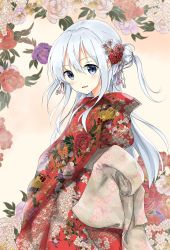 Rule 34 | 1girl, absurdres, alternate costume, alternate hairstyle, blue eyes, blush, commentary request, cowboy shot, floral background, floral print, flower, furisode, hair between eyes, hair bun, hair flower, hair ornament, hibiki (kancolle), highres, japanese clothes, kantai collection, kimono, long hair, looking at viewer, looking back, obi, open mouth, pink background, sash, side ponytail, silver hair, single hair bun, smile, solo, uzuki tsukuyo, wide sleeves
