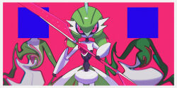 Rule 34 | absurdres, black sclera, blurry, border, colored sclera, commentary request, creatures (company), game freak, gardevoir, gen 3 pokemon, highres, holding, holding weapon, iron valiant, looking at viewer, nintendo, pink background, pink eyes, pokemon, pokemon (creature), saiku (zvlku), spikes, weapon