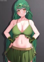 Rule 34 | 1girl, absurdres, armpit crease, bare shoulders, breasts, center opening, circlet, cleavage, closed mouth, collarbone, commission, cowboy shot, crop top, earrings, green hair, green shirt, green skirt, half updo, hands on own hips, highres, hoop earrings, jewelry, kkam-sang, large breasts, long hair, looking at viewer, maplestory, midriff, miniskirt, navel, pleated skirt, shirt, skirt, sleeveless, sleeveless shirt, smile, solo, spaghetti strap, split mouth, standing, stomach, very long hair, wristband, yellow eyes
