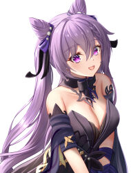 Rule 34 | 1girl, :d, bare shoulders, black dress, breasts, choker, cleavage, commentary request, cone hair bun, dealesis, detached sleeves, dress, genshin impact, hair bun, highres, keqing (genshin impact), keqing (opulent splendor) (genshin impact), large breasts, long hair, looking at viewer, open mouth, purple eyes, purple hair, short sleeves, simple background, smile, solo, strapless, strapless dress, twintails, upper body, very long hair, white background