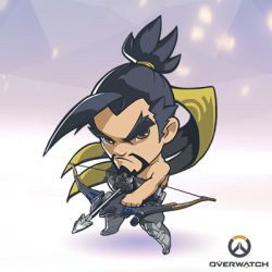 Rule 34 | 1boy, artist request, beard, black hair, bow (weapon), brown eyes, chibi, copyright name, facial hair, full body, hanzo (overwatch), lowres, male focus, overwatch, overwatch 1, solo, weapon