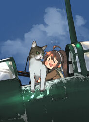 Rule 34 | 1girl, ahoge, aircraft, animal, annin musou, blush, brown hair, cat, cloud, day, fairy (kancolle), flying sweatdrops, hair between eyes, hairband, highres, kantai collection, long hair, long sleeves, open mouth, ponytail, sky, smile, solo, vehicle request, white hairband