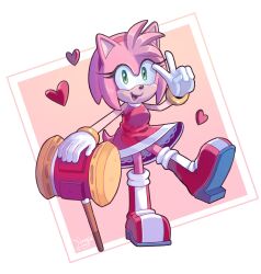 Rule 34 | 1girl, amy rose, angiethecat, animal ears, boots, dress, full body, furry, furry female, gloves, green eyes, hairband, heart, highres, looking at viewer, open mouth, red dress, red footwear, red hairband, sleeveless, sleeveless dress, solo, sonic (series), tail, toy hammer, two-tone footwear, v, white footwear, white gloves