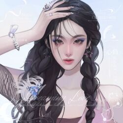 Rule 34 | 1girl, absurdres, aespa, blue background, blue eyeshadow, bracelet, braid, chinese commentary, chinese text, claw ring, collarbone, earrings, eyeshadow, green eyes, highres, jewelry, k-pop, long hair, looking at viewer, makeup, multiple rings, ningning (aespa), parted lips, pink lips, portrait, real life, realistic, ring, solo, star (symbol), star earrings, twin braids, watermark, xiao dao mei w
