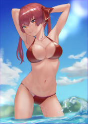 Rule 34 | 1girl, absurdres, afe., armpits, arms behind head, arms up, bikini, blue sky, blurry, blurry background, breasts, cameltoe, cleavage, cloud, collarbone, contrapposto, cowboy shot, day, hair ornament, halterneck, head tilt, heterochromia, highres, hololive, houshou marine, houshou marine (summer), large breasts, long hair, looking at viewer, navel, ocean, outdoors, parted lips, red bikini, red eyes, red hair, sky, solo, standing, summer, swimsuit, twintails, virtual youtuber, wading, yellow eyes