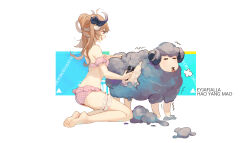 Rule 34 | 1girl, ahoge, animal ears, arknights, barefoot, bikini, border, breasts, bridal garter, brown hair, character name, chinese commentary, commentary, electric razor, eyjafjalla (arknights), eyjafjalla (summer flower) (arknights), from side, full body, hair clipper, highres, holding, horns, kneeling, long hair, looking at animal, medium breasts, off-shoulder bikini, off shoulder, official alternate costume, open mouth, openvl, outside border, pink bikini, plaid, plaid bikini, ponytail, red eyes, shearing, sheep, sheep ears, sheep girl, sheep horns, smile, swimsuit, teeth, tongue, tongue out, upper teeth only, white border, wool