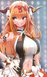 Rule 34 | 1girl, absurdres, blonde hair, blunt bangs, bow, breasts, clothing cutout, dragon girl, dragon horns, dress, halterneck, hand on own hip, headband, headset, highres, hololive, horns, idol clothes, izanagi no ookami p., kiryu coco, large breasts, multicolored hair, navel, navel cutout, official alternate costume, orange hair, parted lips, pointy ears, red headband, smile, solo, streaked hair, v-shaped eyebrows, virtual youtuber, white bow, white dress, wrist bow
