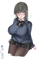Rule 34 | 1girl, absurdres, alternate costume, black-framed eyewear, black bow, black hair, black pantyhose, black skirt, blue sweater, bow, breasts, choukai (kancolle), collared shirt, commentary request, cowboy shot, glasses, highres, kantai collection, large breasts, long hair, long sleeves, one-hour drawing challenge, open mouth, pantyhose, pleated skirt, red eyes, round eyewear, shirt, simple background, sitting, skirt, smile, solo, sweater, teeth, tf cafe, twitter username, upper teeth only, white background, white shirt