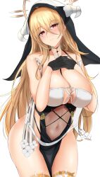 Rule 34 | 1girl, absurdres, azur lane, between breasts, black gloves, blonde hair, breast cutout, breasts, cleavage, covered navel, cowboy shot, fake horns, gloves, half gloves, highres, horns, huge breasts, implacable (azur lane), interlocked fingers, long hair, looking at viewer, nun, pelvic curtain, pokko, red eyes, revealing clothes, see-through, simple background, skindentation, solo, standing, strap between breasts, thighhighs, very long hair, white background, white horns, white thighhighs