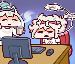 Rule 34 | animal ears, bags under eyes, blue hair, chibi, coffee mug, commentary, computer, cup, desk, dog ears, dress, english commentary, fuwawa abyssgard, fuwawa abyssgard (1st costume), highres, hololive, hololive english, keenbiscuit, keyboard (computer), light brown hair, messy hair, mococo abyssgard, mococo abyssgard (1st costume), monitor, mouse (computer), mug, multicolored hair, pink hair, shirt, siblings, sisters, speech bubble, streaked hair, twins, virtual youtuber, waking up, white dress, white shirt