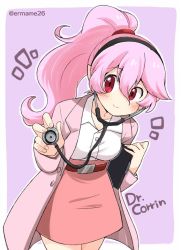 Rule 34 | 1girl, alternate costume, belt, black hairband, character name, closed mouth, corrin (female) (fire emblem), corrin (fire emblem), eromame, fire emblem, fire emblem fates, hairband, long hair, long sleeves, nintendo, pink hair, pointy ears, ponytail, purple background, red eyes, simple background, skirt, smile, solo, stethoscope, twitter username