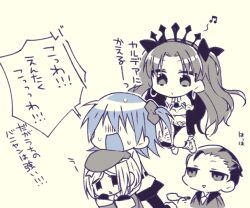 Rule 34 | 1boy, 3girls, chibi, chibi only, earrings, fate/grand order, fate (series), fujimaru ritsuka (female), greyscale, hair ornament, hair scrunchie, hair slicked back, hat, holding, holding smoking pipe, ishtar (fate), jewelry, long hair, monochrome, multiple girls, musical note, open mouth, paul bunyan (fate), scrunchie, sherlock holmes (fate), short hair, smoking pipe, speech bubble, ume (pickled plum)