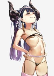 Rule 34 | 1girl, azur lane, bad id, bad pixiv id, bare shoulders, black bra, black hair, black panties, blue eyes, blunt bangs, blush, bra, breasts, cleavage, closed mouth, collarbone, commentary request, cowboy shot, earrings, garter belt, groin, hair ornament, hairband, hands on own hips, head tilt, highres, horns, jewelry, katsuragi (azur lane), long hair, looking at viewer, micro bra, micro panties, navel, nervous smile, panties, partial commentary, pink thighhighs, pooor, simple background, skindentation, small breasts, smile, solo, standing, stomach, sweat, thighhighs, twintails, underboob, underwear, underwear only, white background, white hairband