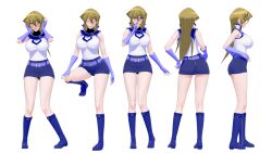 Rule 34 | 1girl, 3d, adapted costume, artist request, bare legs, bare shoulders, blonde hair, blush, breasts, character sheet, denim, denim skirt, elbow gloves, female focus, fingerless gloves, full body, gloves, happy, highres, large breasts, long hair, looking at viewer, miniskirt, multiple views, obelisk blue uniform, school uniform, shiny clothes, shiny skin, shirt, skirt, smile, solo, standing, tenjouin asuka, transparent background, very long hair, wide hips, yellow eyes, yu-gi-oh!, yu-gi-oh! gx